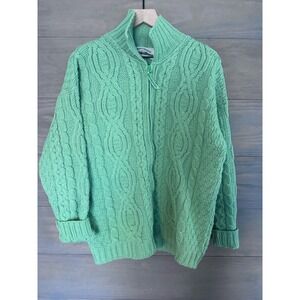 Aran Crafts Ireland Merino Wool Zip Cardigan Sweater Mint Green Cable Knit M